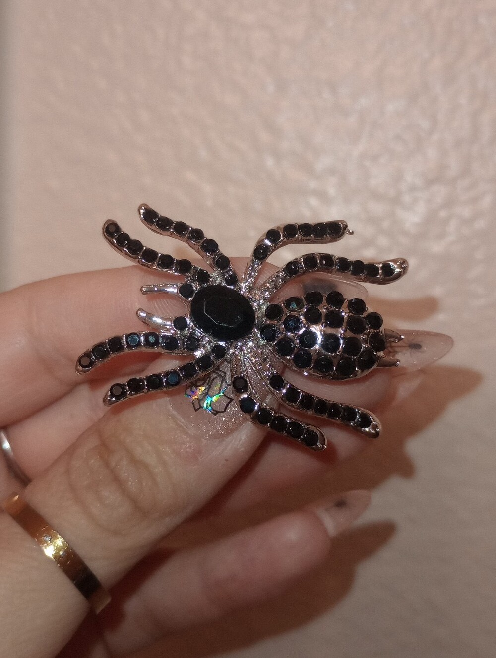 Black Crystal And Silver Tone Spider Brooch